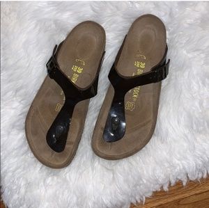 Dark chocolate brown patent leather birkenstocks